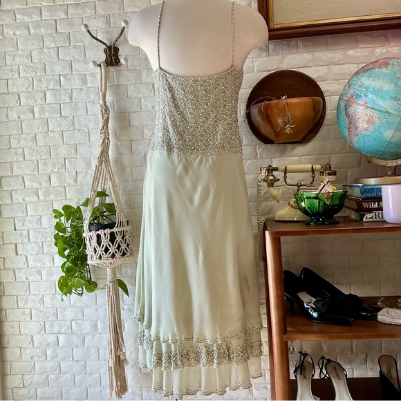 Vintage Dazzelle Inc 100% Silk Ornately Pearl Beaded Layered Chiffon Midi Dress - Picture 11 of 17